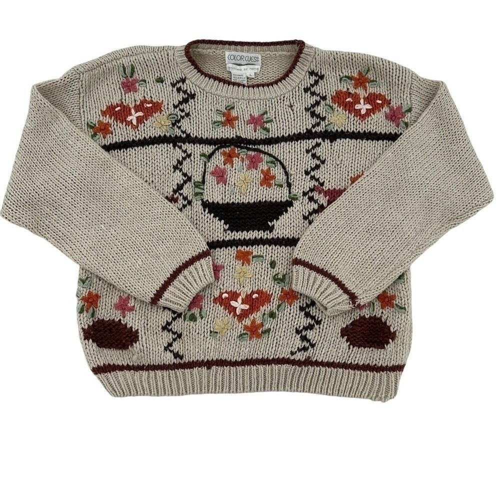 Color Cues Vintage Hand Knit Floral Sweater Cottagecore Ramie Blend Women Large